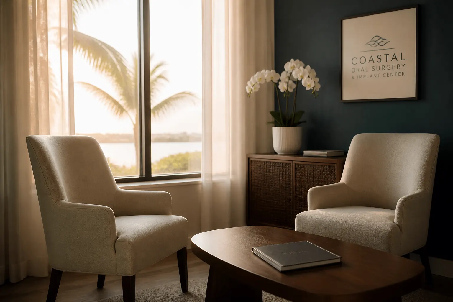 An empty consult room with sand-colored chairs, walnut table, and palms outside the window