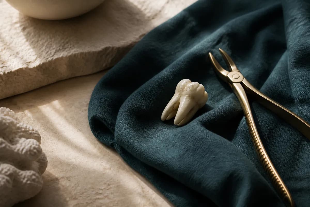 A clean anatomical tooth specimen and brass forceps on teal linen, conceptual still life