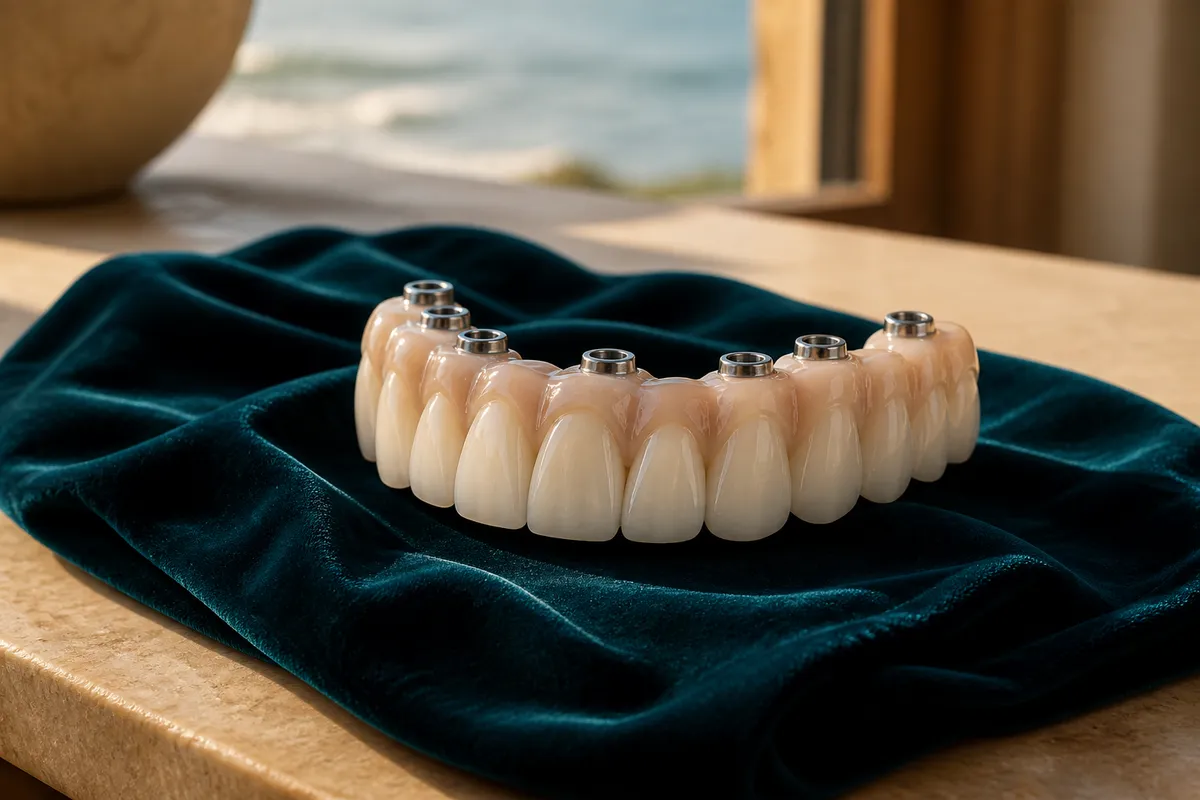 A complete implant-supported arch prosthesis displayed on dark teal cloth like a still-life study