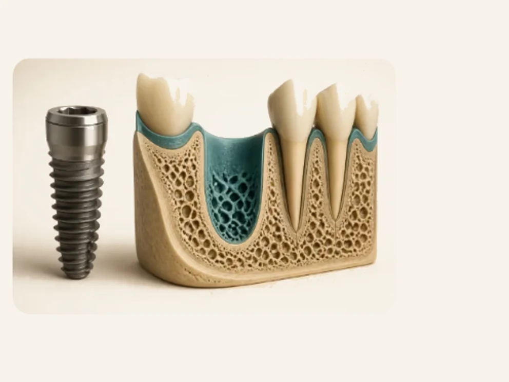 Illustration of a titanium dental implant fixture beside a jaw cross-section showing bone, tooth roots, and a missing-tooth socket