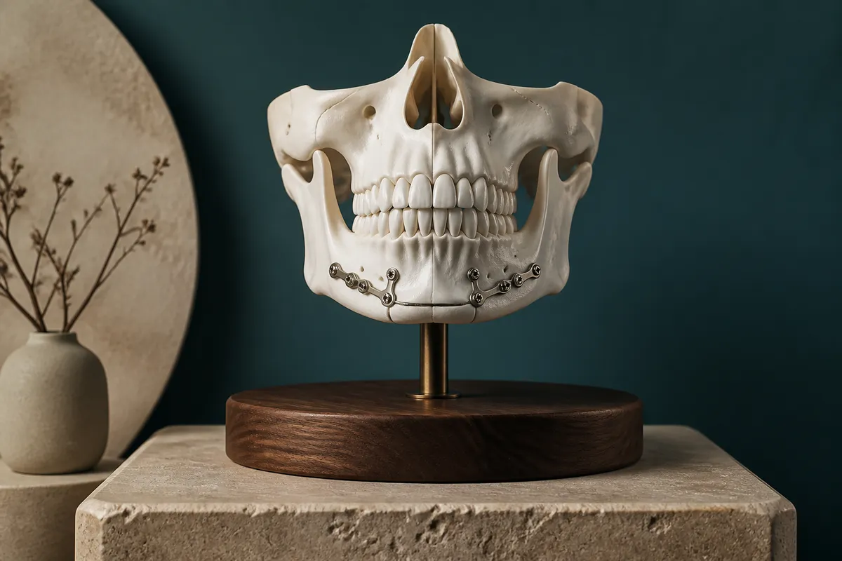White resin anatomical jaw model on a walnut stand against a deep teal wall