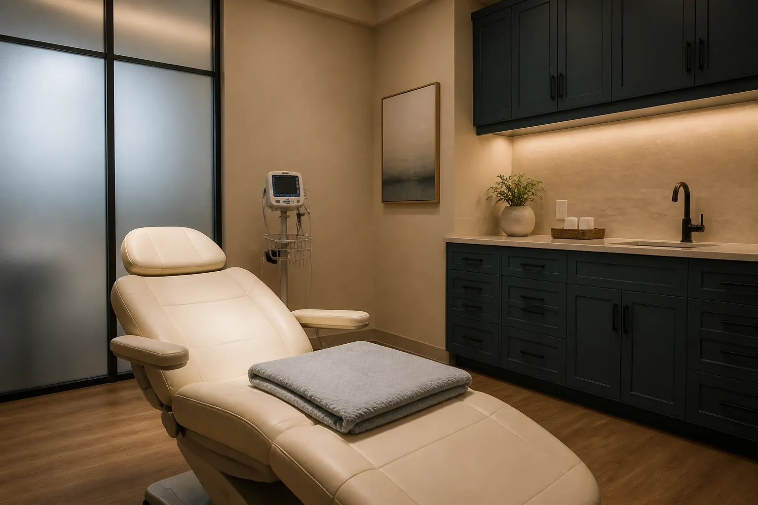 A calm, empty oral surgery recovery chair in warm light with teal cabinetry and no people present